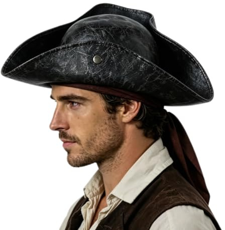 HKSICHENGKEJIUK Adult Pirate Hat Men Women Vintage Pirate Captain Costume Cap Faux Leather Tricorn Hat Halloween Fancy Dress Colonial Medieval Cosplay Headwear Accessory