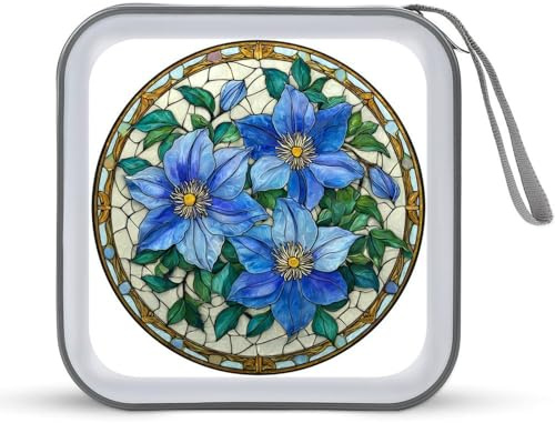 Jubonexis Stained Glass Blue Clematis Flowers CD Case DVD Storage Case Portable for Car Home Travel