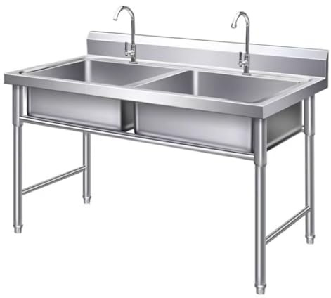 Fregadero independiente para exteriores, doble cuenco 304, de acero inoxidable, fregadero de cocina, comercial, restaurante, fregadero con grifo, para garaje, lavadero, 100 cm x 50 cm x 80 cm