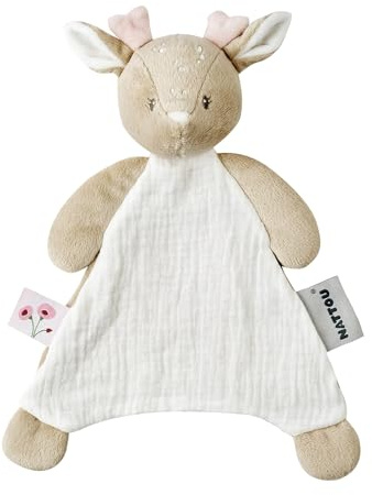 Nattou Mini-Schnuffeltuch, Hirschkuh, Wegbegleiter ab der Geburt, Ca. 25 cm, Polyester/Baumwolle, FanFan, Weiß