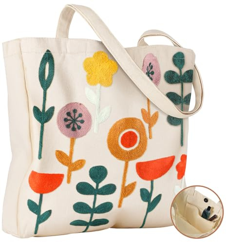 Miss Adola Embroidery Canvas Tote Bag for Women - Reusable Totes with Pocket & Magnetic Buckle Cute Aesthetic Designer Shoulder Bags for Shopping Grocery Daily Work, Plants Flower