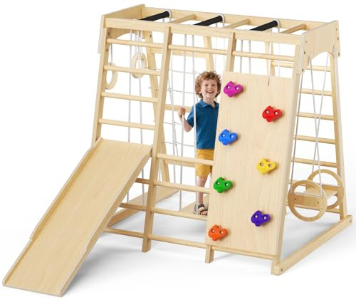STYPLZ 9 en 1 Estructura de Escalada de Madera Natural con Tobogán, Columpio y Área de Juego, Multijuegos para Desarrollo Físico Edad 2-7 Años