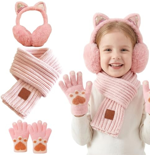 JynkChrenzic Girls Cat Ear Earmuffs Set - 3-in-1 Winter Accessories with Knit Scarf & Touchscreen Gloves for Kids 5-10 Years, Pink Themed Warm Kitten Thermal Plush Ear Muffs Christmas Gifts