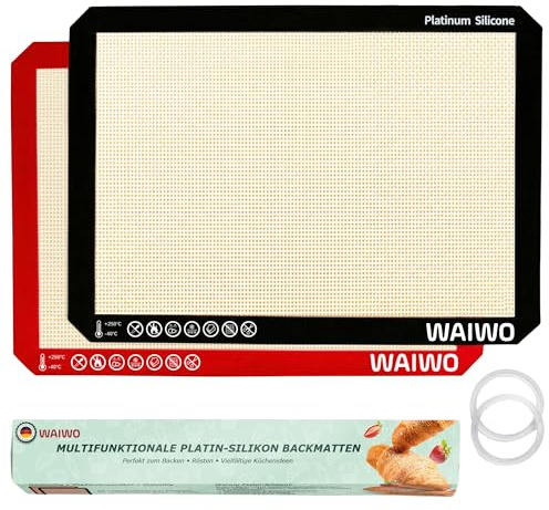 Silikonmatte zum Backen 2er Set (42×30cm) mit Aufbewahrungsringen – Dauerbackfolie aus LFGB Platin-Silikon mit Fiberglas-Gewebe, Antihaft 0,7mm, Hitzebeständig 250°C, BPA-frei, Wiederverwendbar