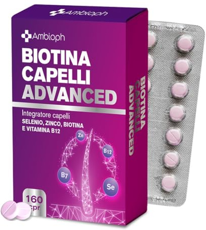 Biotina Capelli ADVANCED - Integratori per Capelli con Zinco, Selenio e Vitamina B12 – Formula rinforzante e di Crescita capelli, unghie e pelle – 160 cpr, Vitamine per capellì. BIOTINA - Ambioph