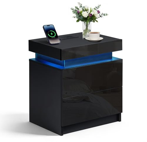 LEMROE Smart Bedside Table with Charging Station, APP Music Sync & Timer