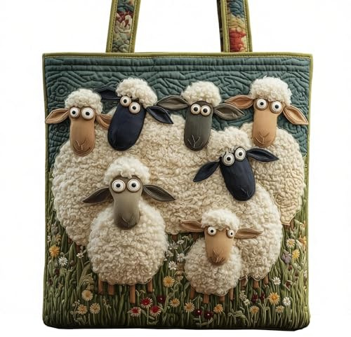 Aodejoy Tragetasche mit Schaf, Handgefertigt Schaf Tasche Lustige Schafmotiv Gesteppte Einkaufstasche fur Tierliebhaber, Gepolstertem Griff