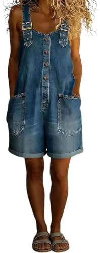 Generisk svart jeansoverall, lediga jeansshorts för sommaren, Mörkblå, M | Damjeansoverall med shorts lös passform knappslå fram klassisk vintage tvätt avslappnade sommarkläder