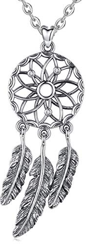 Eudora Halsketten Boho Mit Traumfänger-Anhänger aus 925 Sterlingsilber mit Feder, Vintage Kette Glücksbringer für Mädchen Damen Hübsches Geschenk Damenschmuck, 45,7 cm