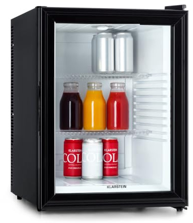 Klarstein Brooklyn 42 Mini-Kühlschrank mit Glastür, kompakt, freistehend, Thermoelektrisches Kühlsystem, 42 Liter, 12-18 °C, Auto DeFrost, EKK A, 0 dB, Innenraum: weiß, Außen: schwarz