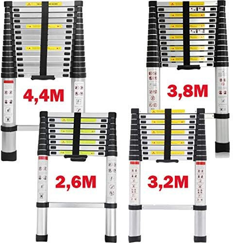 Scala telescopica 2,6M/3,2M/3,8M/4,4 m, in alluminio, pieghevole, multifunzione, antiscivolo, estensibile, scaletta a pioli, portatile, scala scorrevole leggera, portata 150 kg