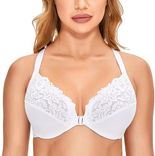 Delimira Women's Front Fastening Bra Racer Back Lace Plus Size Non Padded Underwired White 38F