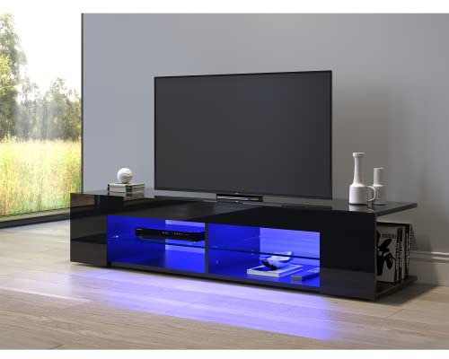 SONNI TV Schrank, TV Lowboard Hochglanz, mit LED-Beleuchtung,12-LED-Farben, Glasböden, 135 cm breit, Fernsehtisch, TV-Regal, Schwarz, 135x39x30cm, GTV003B-BLACK-3.