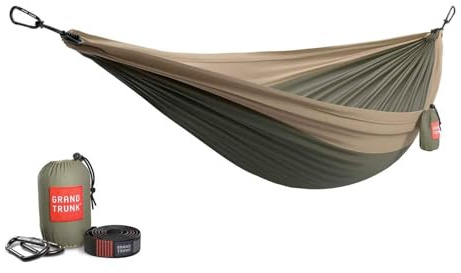 GRAND TRUNK Double Deluxe Hammock with Hanging Straps and Carabiners - Made from Parachute Nylon Fabric and Holds Two Peoople or 400lbs (Olive Green/Khaki)