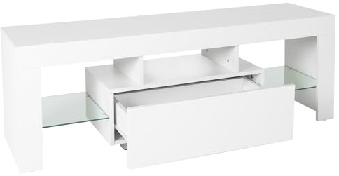 ML Design Meuble TV avec Éclairage LED pour TV - 130x49x45cm -Blanc en Bois avec Étagère de Rangement en Verre - Design sans Poignée - Armoire Basse Moderne - Lowboard pour Salon Divertissement