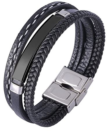 Aotiwe Armband Herren Edelstahl, Schmuck Personalisiert Herren 3 Lagiges Lederarmband Stahl Schwarz 16.5cm
