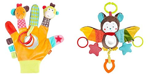 Fehn Spielhandschuh Safari – Fingerpuppen Baby Spielzeug AFFE und Elefant zum Greifen und Geräusche erzeugen & Activity-Spieltier Fledermaus – Baby Motorikspielzeug für Kinderwagen