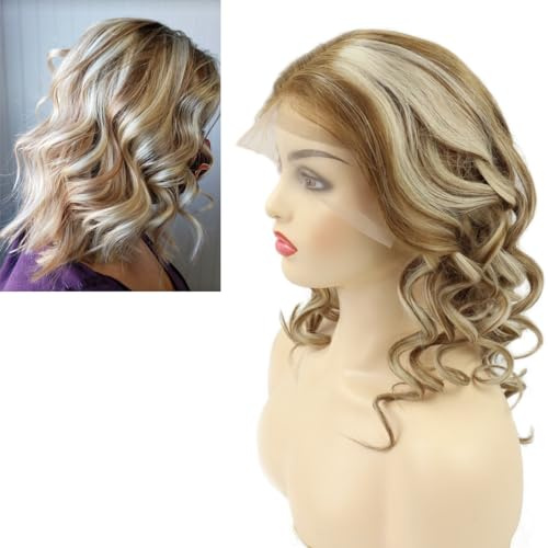 Larafona Perücke Damen Blond Balayage 100% Echthaar Lockig Glueless Lace Front Wig Curly P8/60# 16inch/40cm