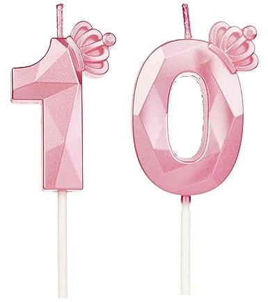DTXLX Födelsedagsljus nummer 10 Rosa med Krona | 10 års födelsedagsljus med krona. 3D tårtljus för födelsedagsdekoration fest bröllop årsdagar.
