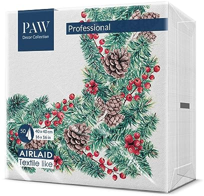 PAW Stoffähnliche Servietten 40 x 40 cm, 50 Stück - Winterzweige | Das Airlaid-Material ist reißfest und saugstark, edle Tischdeko für Weihnachten und Festtage, festliches Ambiente
