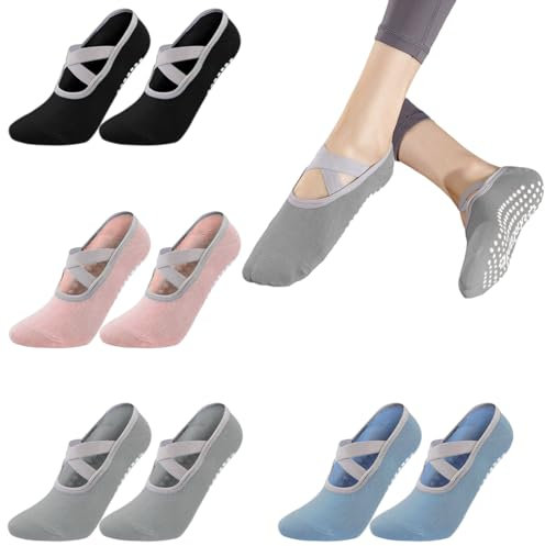VEGCOO 4 Paires Chaussettes Yoga Antidérapantes Femmes, Chaussettes Pilates en Coton, Chaussette Antidérapante Femme pour Fitness Danse, Femme Sport Accessoires