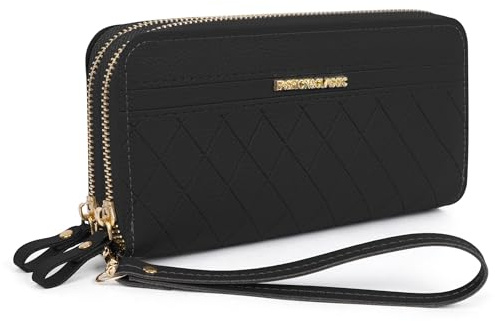 Jiusely Women Purses, Ladies Wallet,Double Zipper Coin Purse, Bilayer Large Capacity Long Wallet, with Multiple Card Slots & Wristlet,Black.