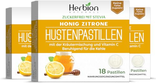 Hustenbonbons mit natürlichem Honig-Zitronen-Geschmack, zuckerfrei mit Stevia, Nahrungsergänzungsmittel, lindert Husten, für Erwachsene und Kinder ab 6 Jahren, 18 Lutschtabletten, 3er-Pack