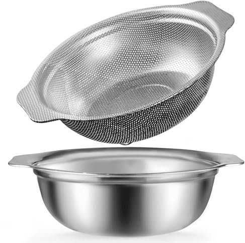 POPGRADE Stainless Steel Colander, 4.5QT Large Capacity with Mixing Bowl, Rice Washing Bowl with Strainer for Washing Vegetables, Fruit, Spaghetti, Pasta Strainer, Dishwasher Safe(2PC)