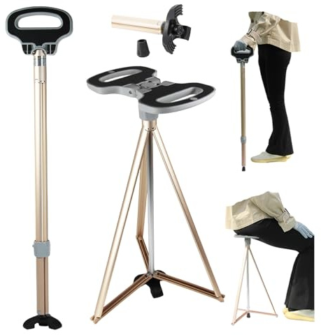 Sedia a canna portatile a pogging pieghevole, bastoncino a piedi leggero con sedile, bastone robusto del treppiede per uomini e donne con sacchetto da viaggio, canna da passeggio con sedile