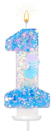 Birthday Number Candle, 2.95 Inch Beach Theme Mermaid Number Candle Glitter Shell Sequins Number Candles Numeral Birthday Candles Cake Topper for Wedding Baby Shower Party (1)
