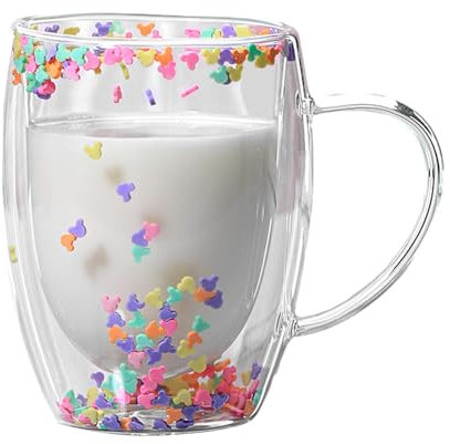 Lnhgh Double Walled Glass Coffee Mug with Handle, 350ml Double Walled Coffee Mug, Aesthetic Insulated Floral Glass Mug for Cappuccino Tea Latte Juice