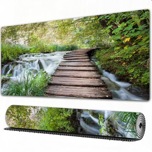 EOMKSE Mauspad Verlängertes großes Mauspad Schreibtischauflage,genähte Kanten Mauspad,Gummibasis,Gemeinsamer Holzsteg entlang des Baches in der grünen Wasserlandschaft des Dsc,Gaming-Mauspad,40x75 cm