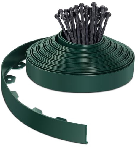 VOUNOT® Bordo Giardino Flessibile, Bordi Aiuole Plastica, con 40 Chiodi di Fissaggio, Lunghezza 20m, Altezza 5cm, Verde