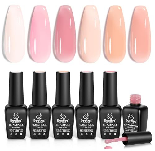 beetles Jelly Gel Nail Polish Set, 6 Colours Ballet Dress Milky White Sheer Pink Nude Transparent Neutral Colours Soak Off Uv Diy Manicure Gel Kit Gift for Women Girls Mom-CL577-RE