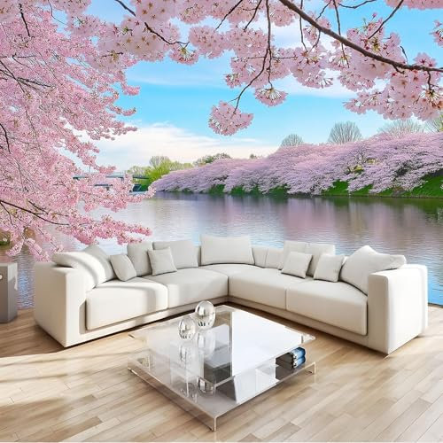 Lake Non-Woven Wallpaper Pink Cherry Blossoms in Full Bloom 3D Wall Art Photo Wallpaper Wall Mural Home Bedroom Living Room Poster Decoration W400 x H280 cm