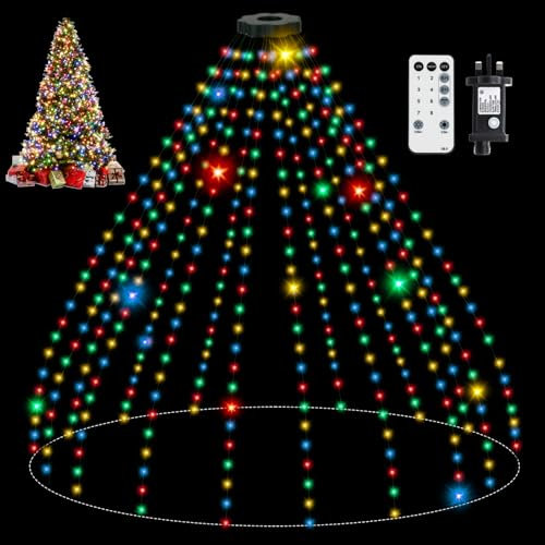 Waterfall Christmas Tree Lights, 2.5M X16 Strands 400 LEDs Colourful Xmas Tree Lights Mains Powered, Waterproof 8 Modes Timer Plug in Fairy String Light for Indoor Outdoor Christmas Decoration