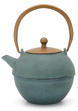 Große Guss-Teekanne 1.2 Liter Induktion - blaue asiatische Gusskanne mit Henkel & Edelstahl-Tee-Filter Sieb-Einsatz - optimal für lose Teesorten