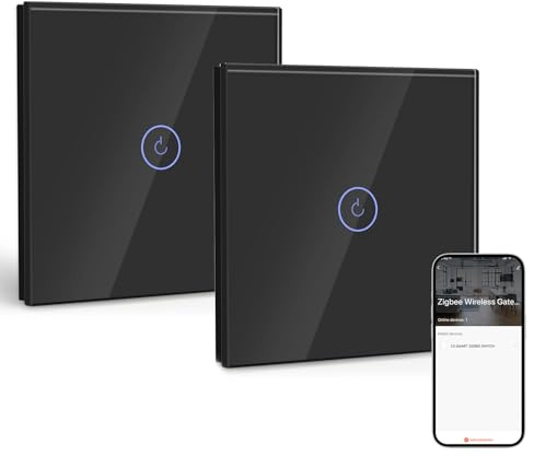 BSEED Smart ZigBee Unterputz Lichtschalter 1 Fach 2 Weg, intelligenter Wandschalter mit Alexa und Google Home, Touchscreen Schalter mit Glaspanel(Neutralleiter,Hub Gateway erforderlich)Schwarz 2 Stück