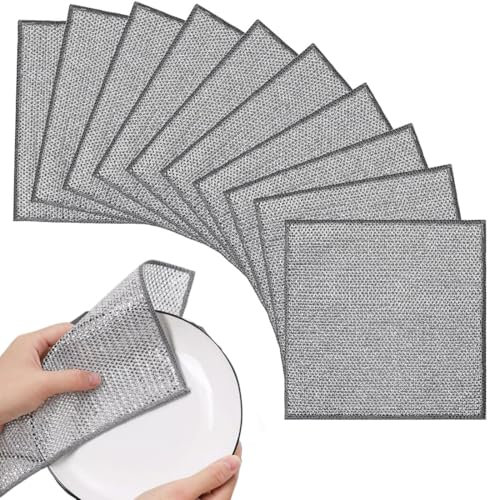 ZEPIQOR Paños de alambre multiusos para lavar platos en seco mojado, 10 unidades, paño de alambre grueso de doble capa reutilizable fuerte paño de limpieza de microfibra, trapo de polvo