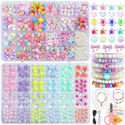 Perlenset Kinder, 700 Perlen zum Auffädeln, Geschenke für Mädchen, Armbänder Selber Machen Kinder, Perlen Set Kinder ab 4 Jahre, Schmuck Basteln Mädchen DIY Halsketten Haarbändern Geburstagsgeschenk