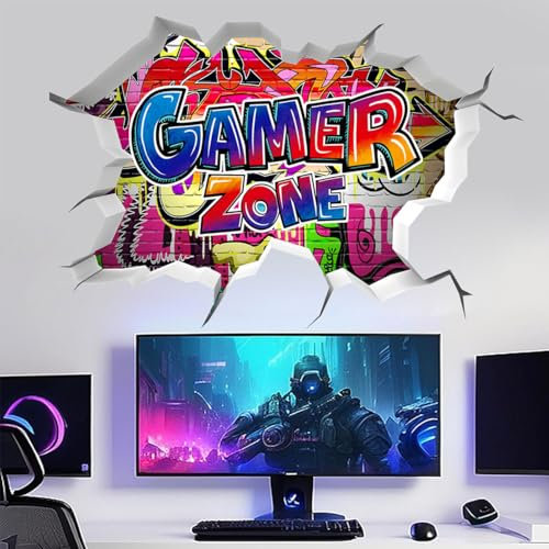 SanKristo Adesivi Murali Gamer 3D Giochi, Muro Rotto Giocatore Gaming Decalcomanie Murali, Autoadesivo Gioco Camera Accessori Carta da Parati Bambini Murali Gentile, Stile A
