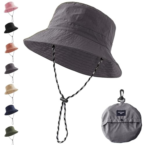 YOUYIKE Fischerhut Damen – Wasserdichter, UV-schutzender, Faltbarer Regenhut für Angeln, Wandern und Strand Breitkrempiger Fischerhüte für Damen,Sonnenhut Faltbar（grau）