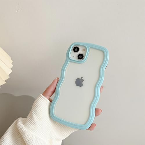 VFDHN Transparente Curly Wave-Hülle für iPhone 16 11 12 13 14 15 Pro Max 8 Plus X XR XS Stoßfeste Stoßstangenabdeckung Ästhetisch, Blau, Für iPhone 12 ProMax