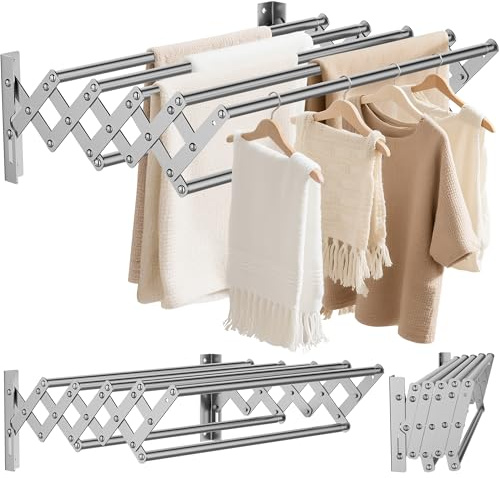 OUUTMEE Stendibiancheria da parete in acciaio inox, allungabile, portata telescopica anteriore e posteriore, 12 ~ 36 cm, con sette tiranti, portata 25 kg (argento)