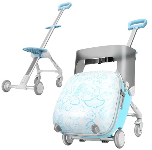 AODI Ride-On resväska för barn, 2-i-1 lättviktsresebagage med 360° snurrhjul, tålig bärbar väska för flickor och pojkar - maxbelastning 50 kg (Blå och vit graffitidesign)