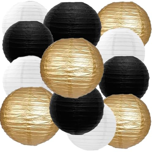 We Moment Zone 12 Stück Papier Lampions Schwarzer Gold Weiß， Runde Papierlaterne Papier Laterne für Lampenschirm Schwarzer Gold Deko, Geburtstagsfeier,Hochzeitsdekorationen，Gartenparty Deko