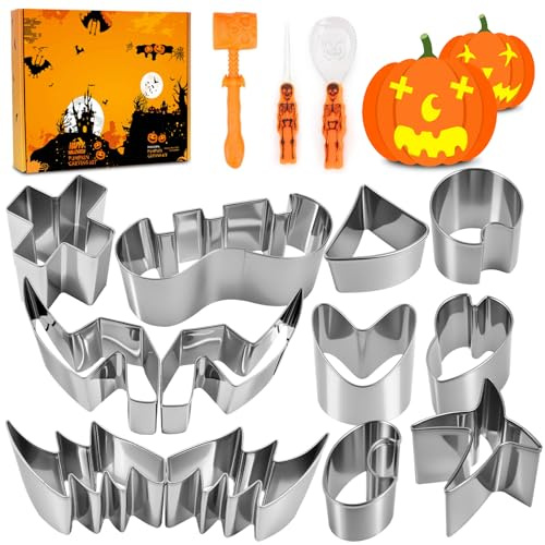 Homeinmind 15 Stück Halloween Kürbis Schnitzset mit Vorlagen Edelstahl DIY Schnitzwerkzeug Kürbis Ausstechformen Set Inklusive Gummihammer Pumpkin Carving Kit für Kinder Erwachsene und Familie