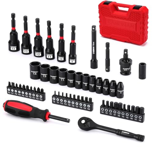 CASOMAN 56-Piece 1/4 Inch Mini Socket Ratchet Wrench Set, Metric Shallow Socket (4-14mm), 6-Point, with 72 Teeth Mini Ratcheting Wrench