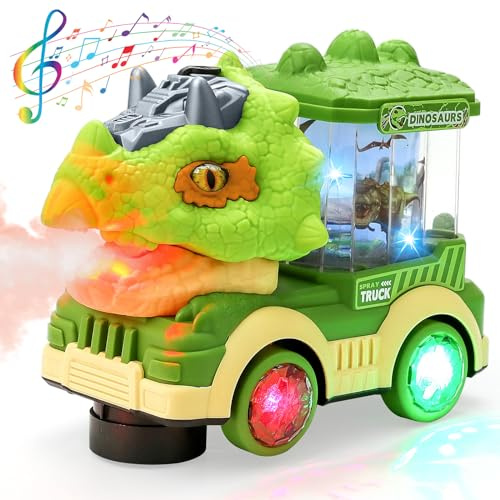 Mioanser Coche de Juguete Eléctrico de Dinosaurio con Luces Intermitentes y Sonido, Boca Que se Abre y se Cierra, Humo Simulado, Luz Giratoria y Sonido para Niños de 3 a 7 Años (Verde)