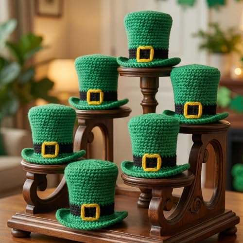 Cotwinter 6 Pcs St. Patrick's Day Mini Crochet Leprechaun Hats Small Handmade Green Leprechaun Top Hats Decor Gifts Irish Day Party Favor Accessories